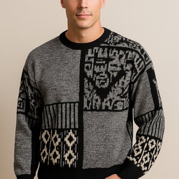 Gitano Men's Abstract Sweater Large Grey Black Vintage 80s Preppy Retro Punk Emo - Picture 1 of 6